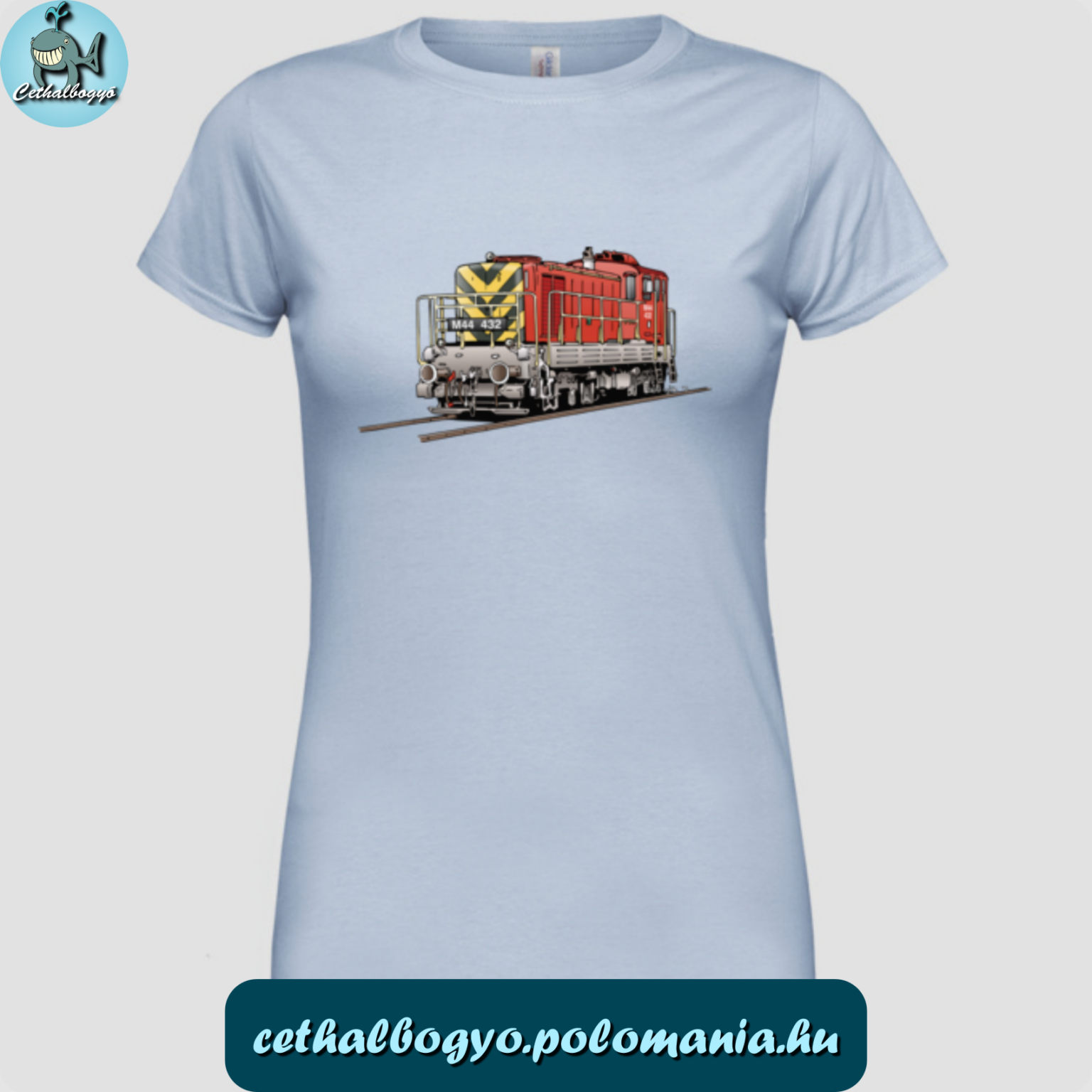 Női póló M44 "Bobó" tolatómozdony mintával, ajándékötlet, vasút rajongó, cethalbogyó